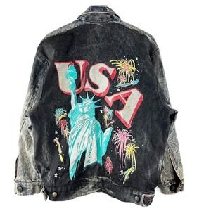 Vintage Hand-Painted Statue of Liberty USA Fireworks Acid Wash Denim Jacket Sz M